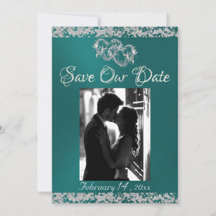 Photo, Silver Hearts & Glitter - Teal Save The Date