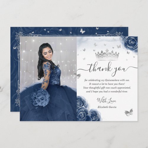 Photo Silver Navy Blue Quinceanera Flat Thank You Card