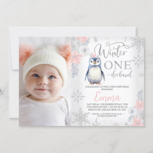 Photo Silver Penguin Winter Onederland Birthday Invitation