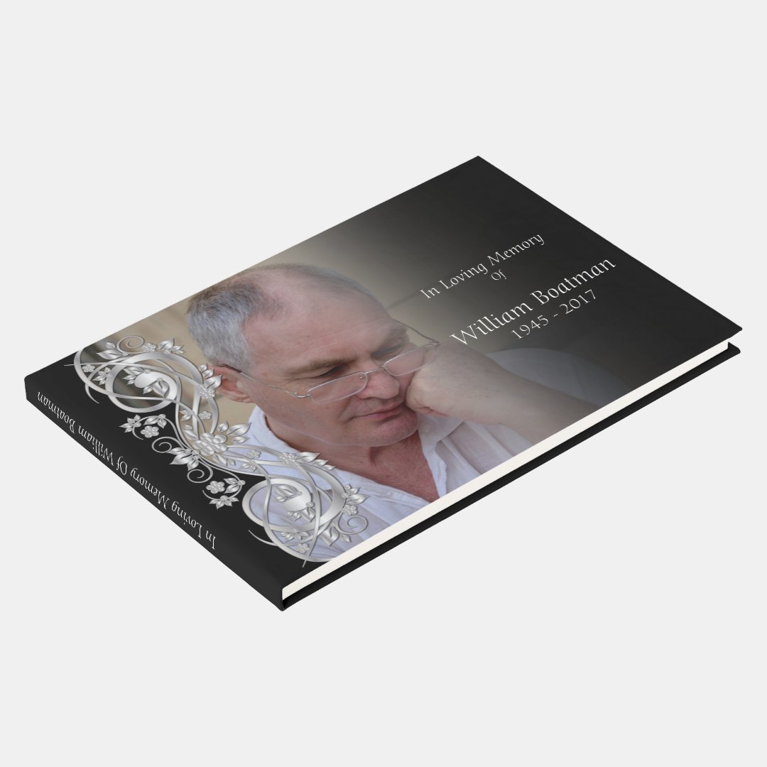 Photo & Silver Scroll Funeral Guestbook Zazzle