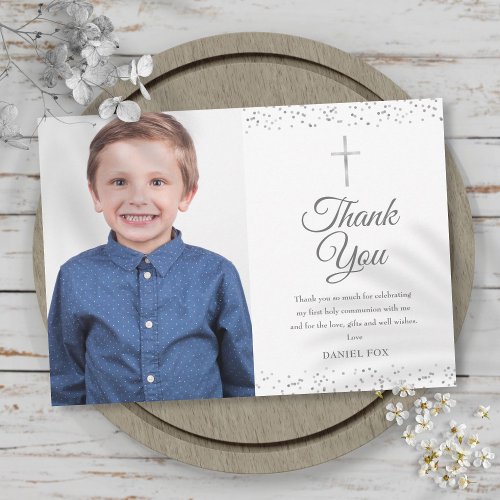 Photo Silver Stardust First Holy Communion Thank You Card