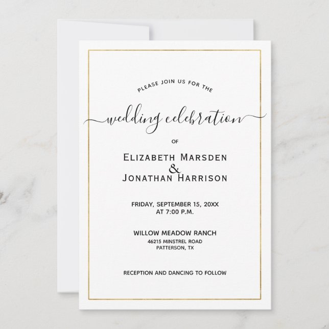 Photo Simple Elegant Script Black and Gold Wedding Invitation (Front)