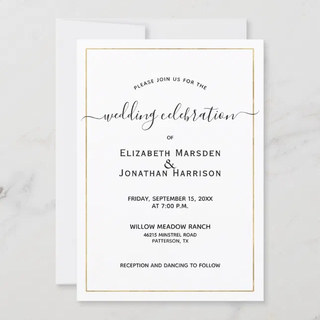 Photo Simple Elegant Script Black and Gold Wedding Invitation | Zazzle