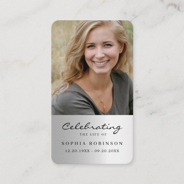 Photo Simple Funeral Prayer Faux Silver Card (Front)
