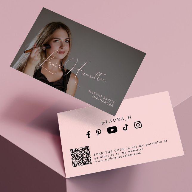 Photo simple modern feminine script QR code beauty Business Card (Creator Uploaded)