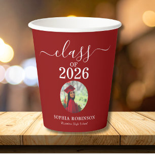 Photo Simple Red White Class of 2026 Graduation Paper Cups