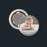 Photo & Simple White Text Modern Minimal Keepsake Magnet<br><div class="desc">Give the gift of special memories with a stylish custom photo round magnet. This template is set up for a baby, but is simple to personalize with any wording such as a pet's name, family last name, wedding couple's monogrammed initials, or favorite quote. The colors, font styles and overlay opacity...</div>