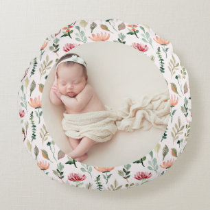 Photo & Simple White Text Unique Modern Keepsake Round Pillow