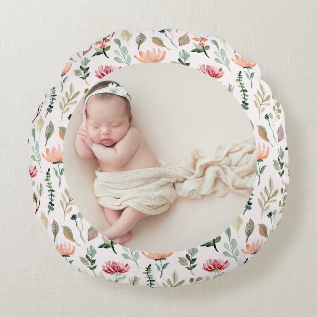Photo & Simple White Text Unique Modern Keepsake  Round Pillow (Front)