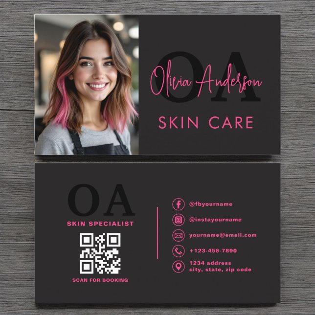 Photo Skin Care QR Code Hot Pink Black  Business Card (Creator Uploaded)