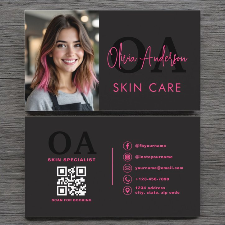 Photo Skin Care QR Code Hot Pink Black Business Card