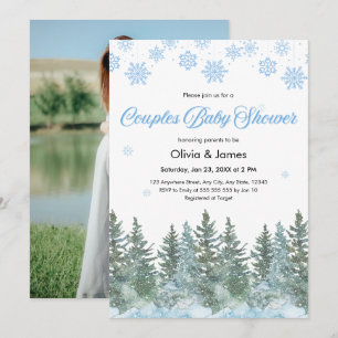 Photo Snowflakes Pine Winter Couples Baby Shower Invitation