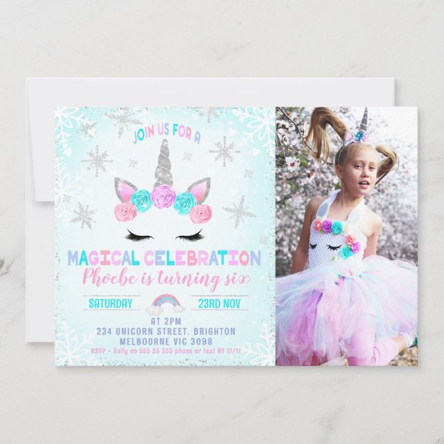 Photo Snowflakes Winter Unicorn Face Birthday Invitation (Front)