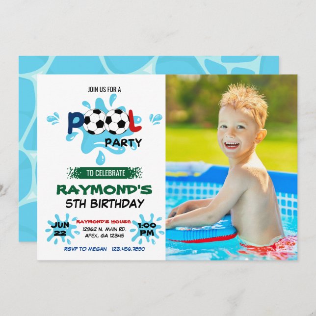 Photo Soccer Pool Party   Invitation (Front/Back)