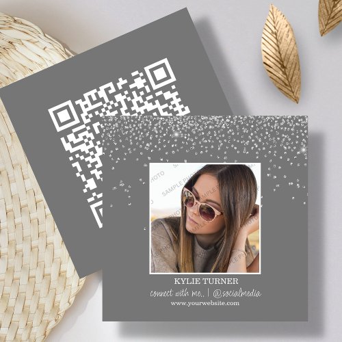 Photo  Social Media  Grey Glitter  QR Code   Square Business Card