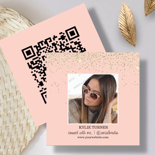 Photo  Social Media  Peach Glitter  QR Code   Square Business Card