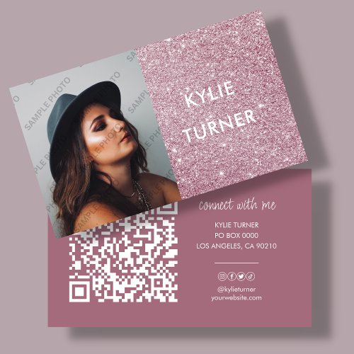 Photo  Social Media Pink Glitter  QR Code   Business Card