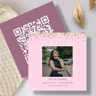 Photo   Social Media    Pink Glitter   QR Code Square Business Card