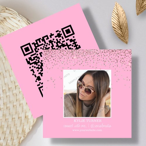 Photo  Social Media  Pink Glitter  QR Code   Square Business Card