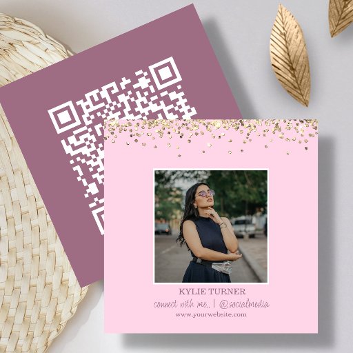 Customizable Photo | Social Media |  Pink Glitter | QR Code Square Business Card