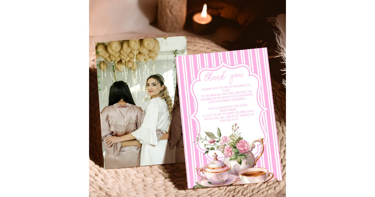 Photo Soft Pink Floral Tea Bridal Shower Thank You Card | Zazzle