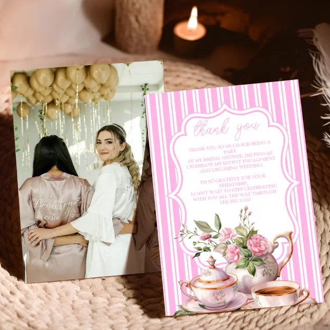 Photo Soft Pink Floral Tea Bridal Shower Thank You Card | Zazzle
