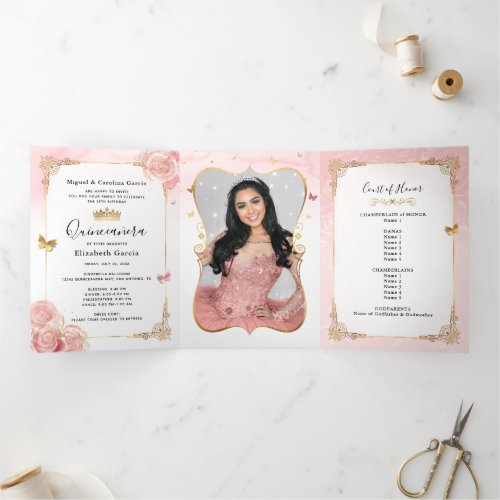 Photo Spanish Light Pink and Gold Quinceanera Tri_Fold Invitation