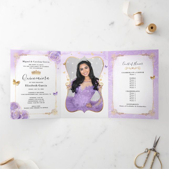 Photo Spanish Light Purple and Gold Quinceanera Tri-Fold Invitation (Inside)