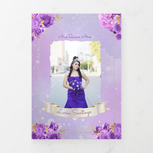 Photo Spanish Pearl and Purple Roses Quinceanera Tri_Fold Invitation