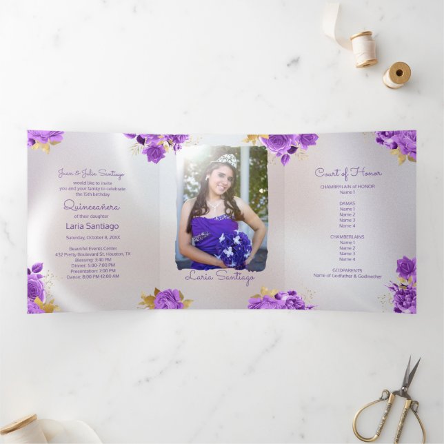 Photo Spanish Pearl and Purple Roses Quinceanera  Tri-Fold Invitation (Inside)