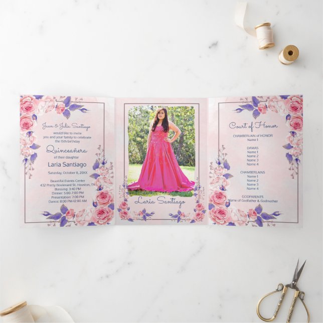Photo Spanish Pink and Purple Roses Quinceanera  Tri-Fold Invitation (Inside)