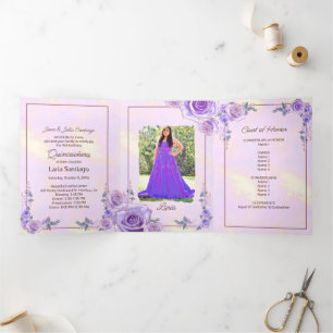 Photo Spanish Pink Lavender Roses Quinceanera Tri-Fold Invitation
