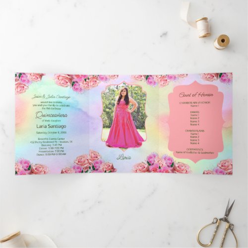 Photo Spanish Pink Roses Rainbow Quinceanera Tri_Fold Invitation