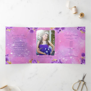 Photo Spanish Pink watercolor Quinceanera  Tri-Fold Invitation