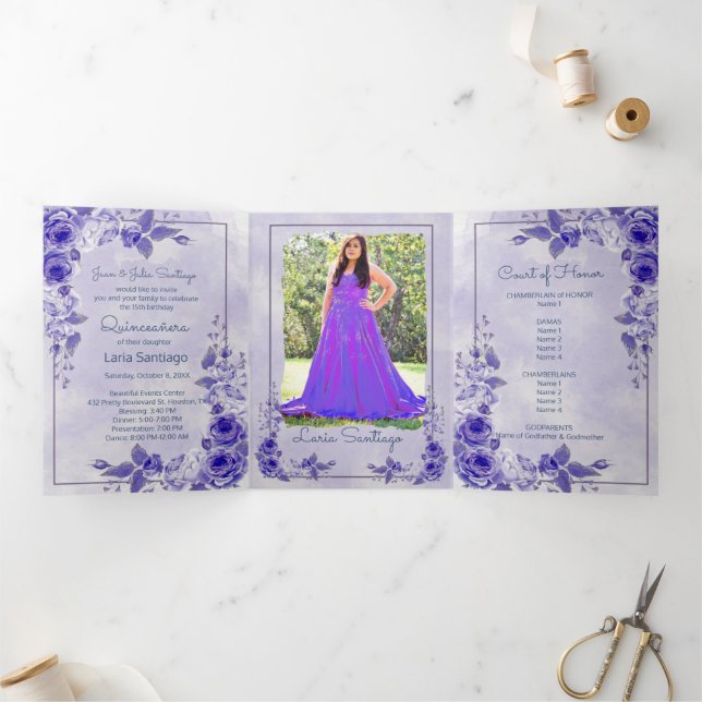Photo Spanish Purple Lavender Roses Quinceanera Tri-Fold Invitation (Inside)