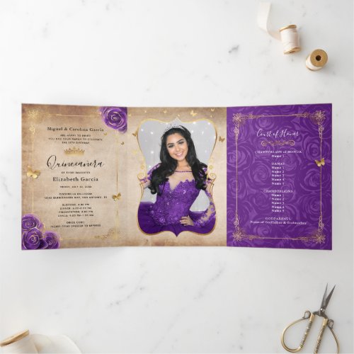Photo Spanish  Purple Rose Gold Quinceanera Tri_Fold Invitation