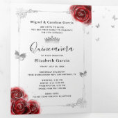 Photo Spanish Red and Silver Quinceanera Tri-Fold Invitation (Inside First)