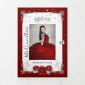 Photo Spanish Red and Silver Quinceanera Tri-Fold Invitation (Cover)
