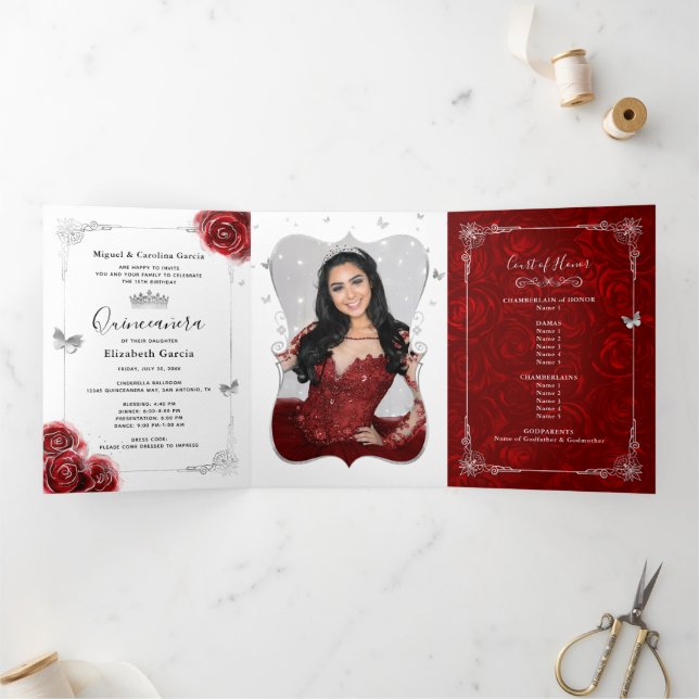 Photo Spanish Red and Silver Quinceanera Tri-Fold Invitation (Inside)