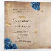 Photo Spanish Royal Blue Rose Gold Quinceanera Tri-Fold Invitation (Inside First)