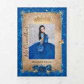 Photo Spanish Royal Blue Rose Gold Quinceanera Tri-Fold Invitation (Cover)