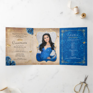 Photo Spanish Royal Blue Rose Gold Quinceanera Tri-Fold Invitation