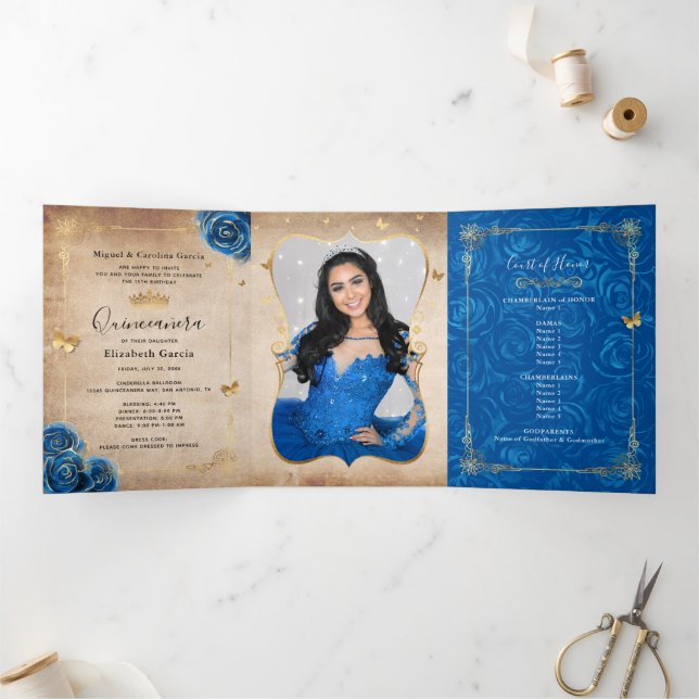 Photo Spanish Royal Blue Rose Gold Quinceanera Tri-Fold Invitation (Inside)