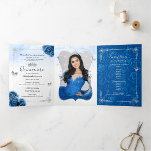Photo Spanish Silver Royal Blue Quinceanera Tri-Fold Invitation