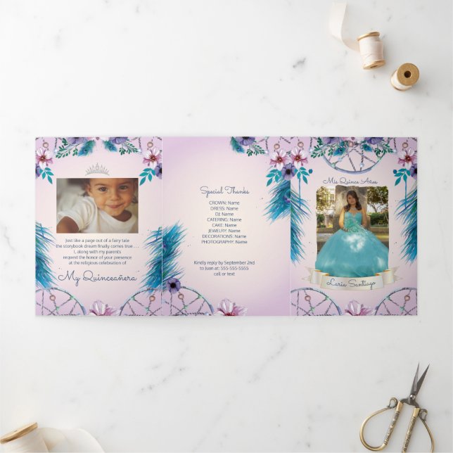 Photo Spanish Turqouise and Pink Dream catcher Tri-Fold Invitation (Outside)