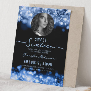 PHOTO Sparkle Lights Sweet 16 Birthday Navy Blue Invitation