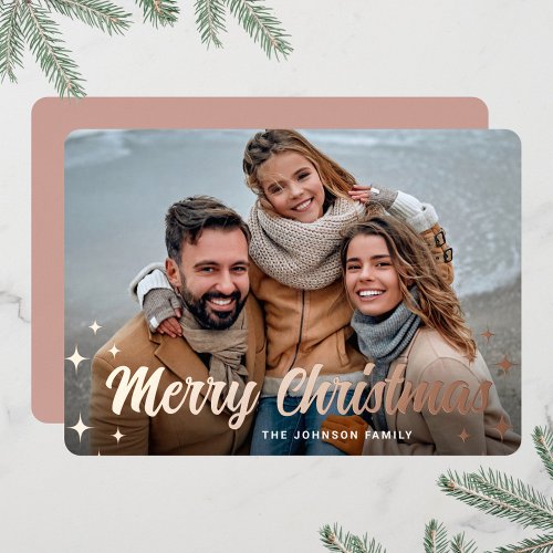 PHOTO Sparkle Merry Christmas Greeting Rose Foil Holiday Card