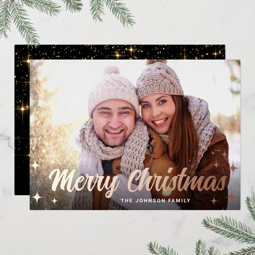 PHOTO Sparkle Merry Christmas Greeting Rose Gold Foil Holiday Card
