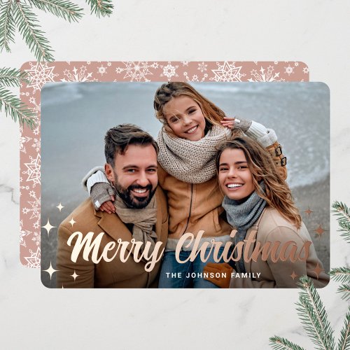 PHOTO Sparkle Merry Christmas Greeting Rose Gold Foil Holiday Card