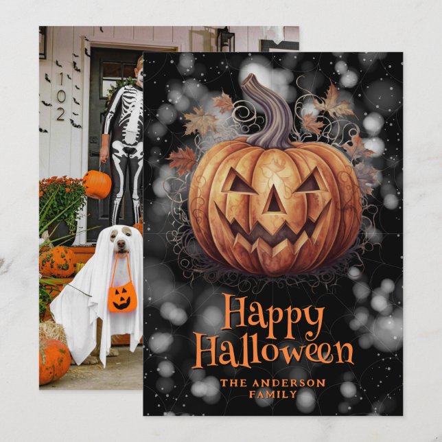 Photo Spooky Pumpkin Happy Halloween Card (Front/Back)